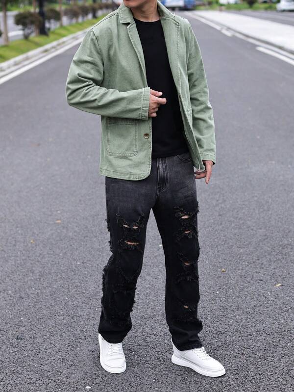 Men Solid Pocket Patched Denim Jacket