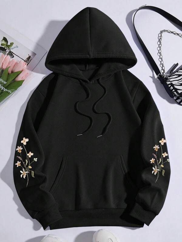 Floral Print Kangaroo Pocket Drawstring Thermal Hoodie