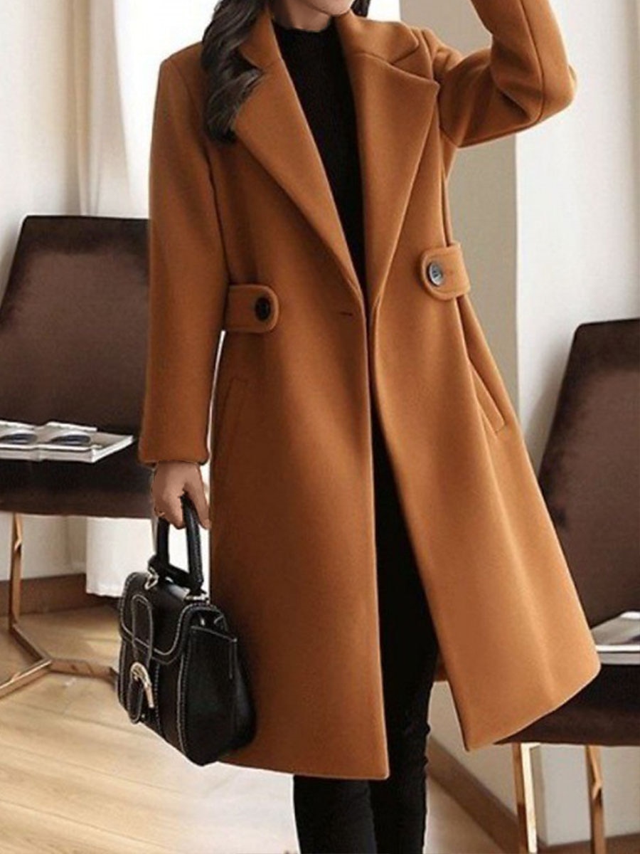 Women's Winter Coat Long Pea Coat Lapel Fall Warm Overcoat Maillard Windproof Warm Outerwear with Pockets Trench Coat Comtemporary Stylish Casual Jacket Long Sleeve
