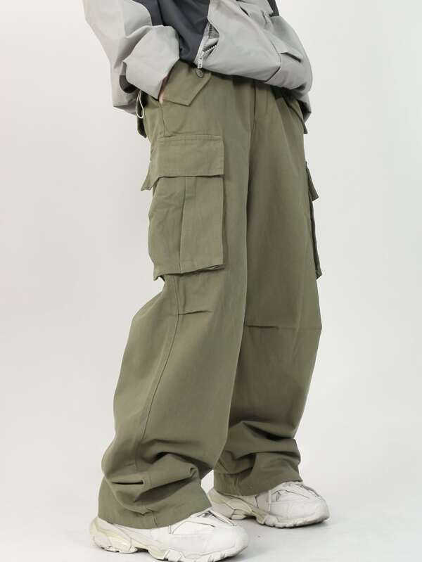 Men Flap Pocket Side Drawstring Waist Cargo Pants