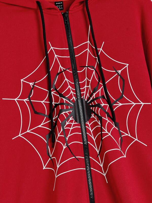 Halloween Spider Web Print Zip Up Drop Shoulder Drawstring Hoodie