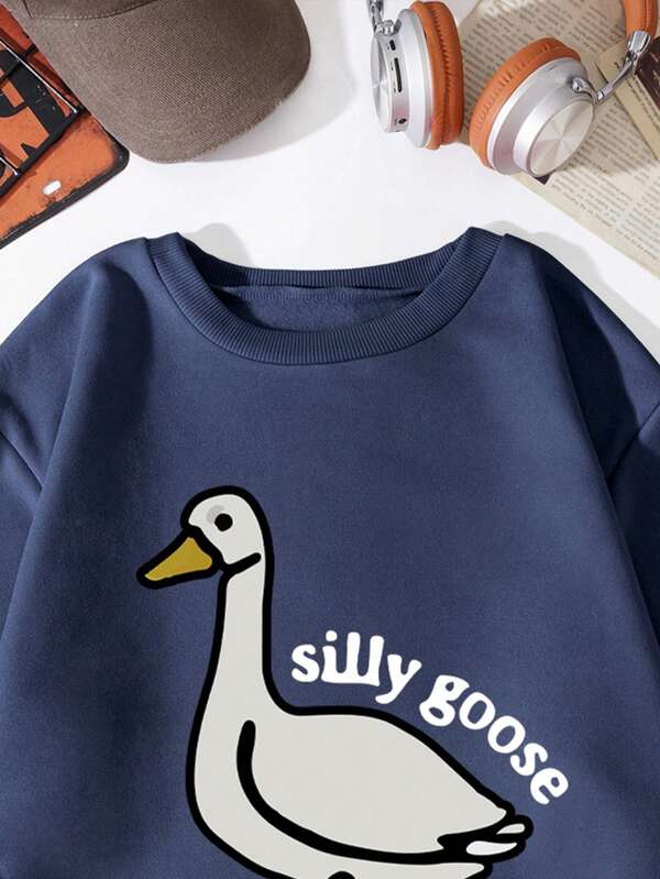 Men Cartoon Duck And Slogan Graphic Thermal Lined Sweatshirt