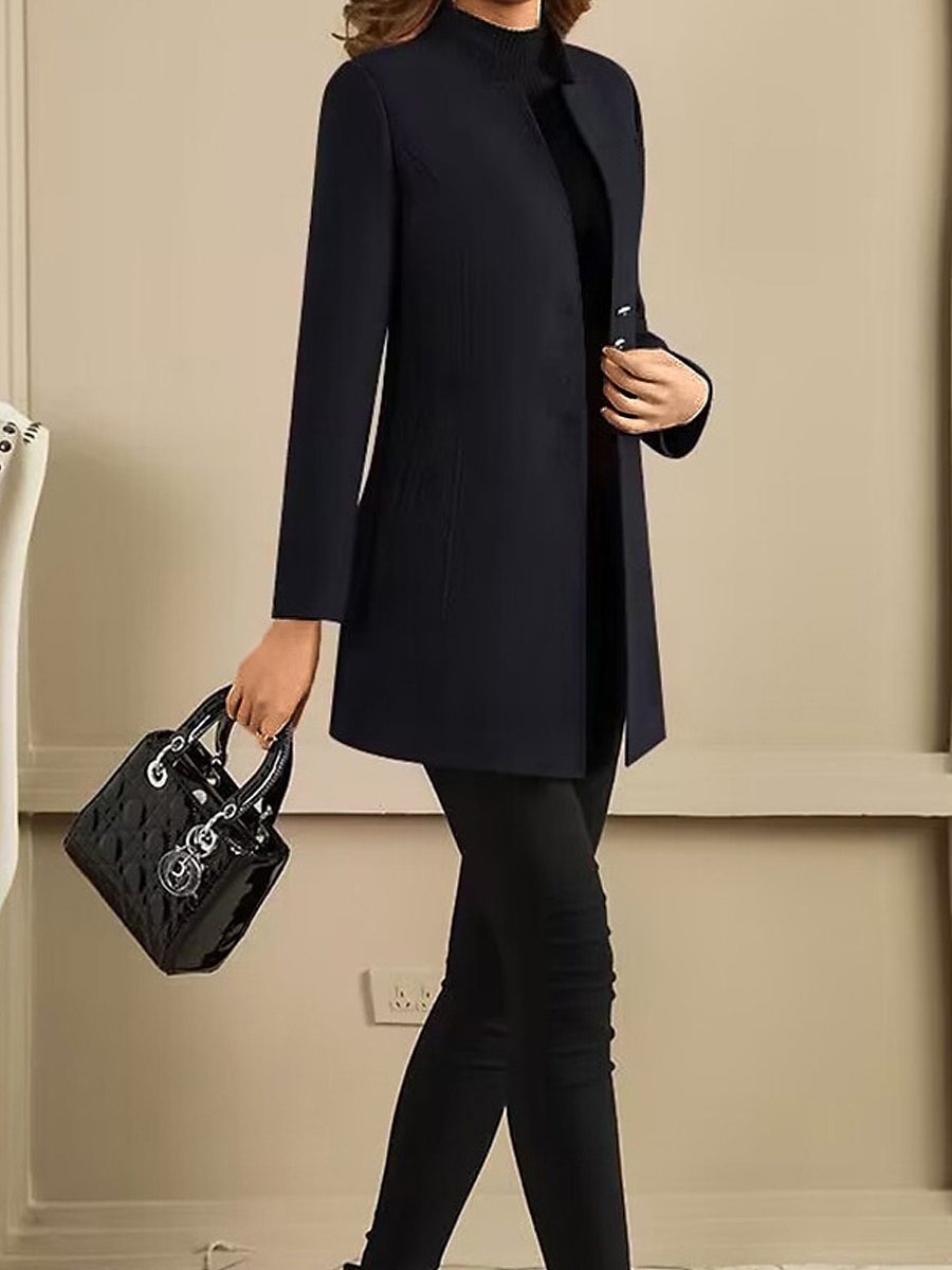 Women's Wool Blend Blazer Winter Coat Single Breasted Stand Collar Pea Coat Fall Slim Fit Thermal Warm Overcoat Formal Stylish Modern Jacket Long Sleeve