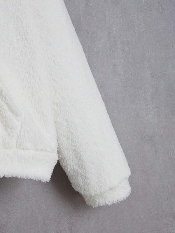 Kangaroo Pocket Drop Shoulder Drawstring Teddy Hoodie