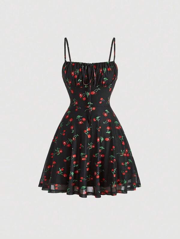 MOD Cherry Print Ruched Bust Cami Dress