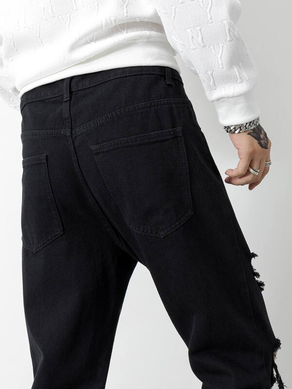 Men Cotton Ripped Straight Leg Jeans