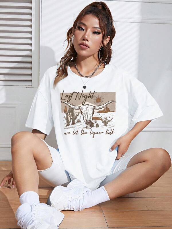 Cattle & Slogan Graphic Drop Shoulder Tee