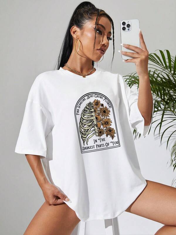 Skeleton And Slogan Graphic Drop Shoulder Oversized Tee