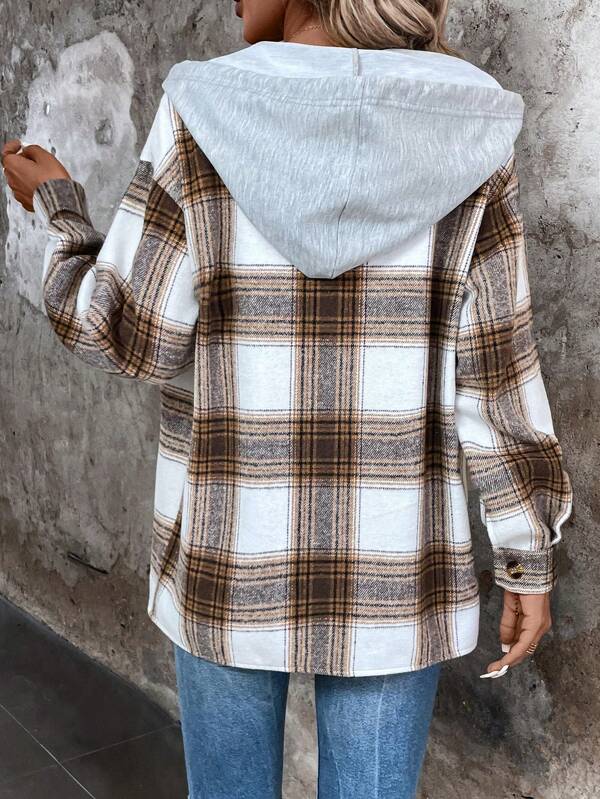 Plaid Print Drop Shoulder Drawstring Hooded Coat
