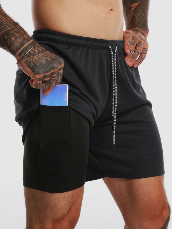 Men 2 in 1 Shorts With Phone Pocket Side Drawstring Waist Shorts