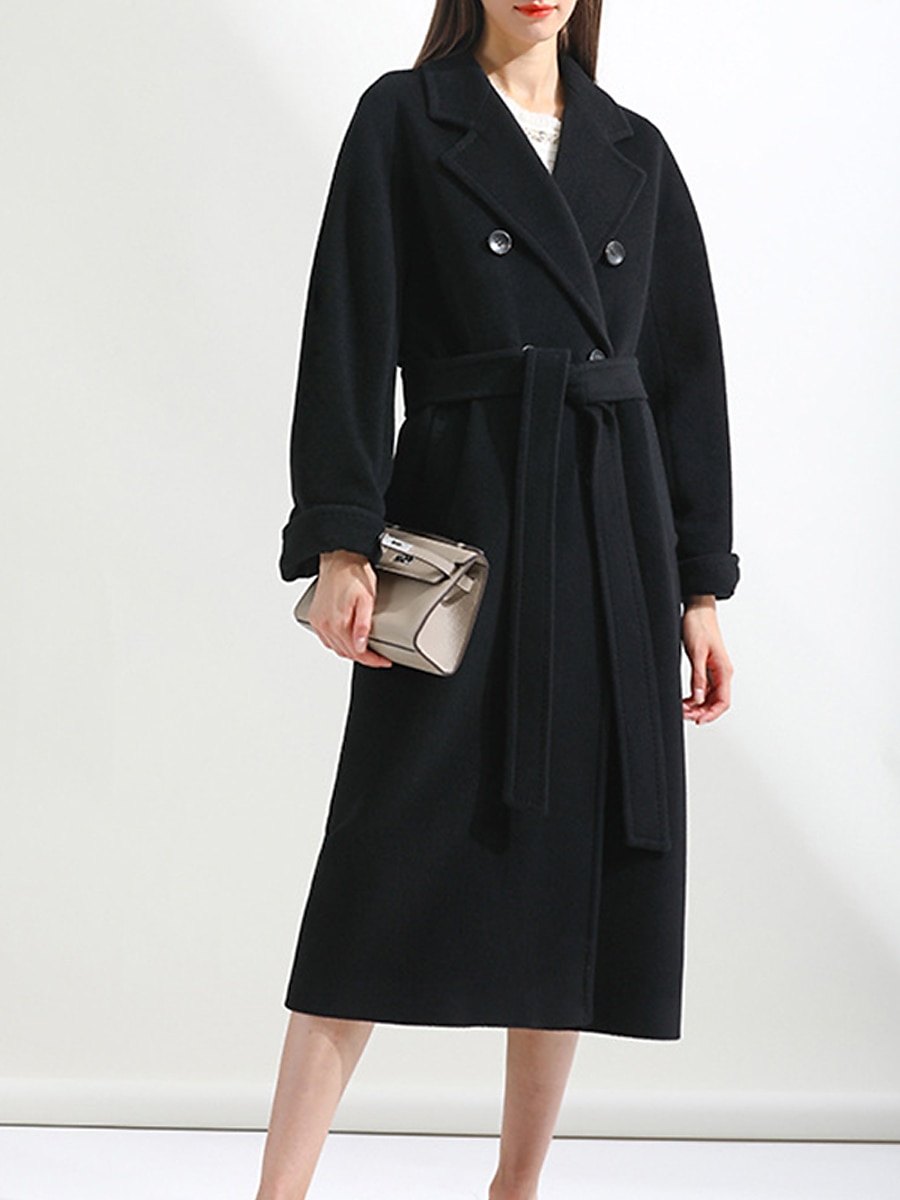 Women's Wool Blend Coat Winter Long Overcoat Double Breasted Notched Lapel Pea Coat Fall Windproof Warm Trench Coat Jacket with Pockets Oversized Fashion Daily Casual Street Outerwear Long Sleeve