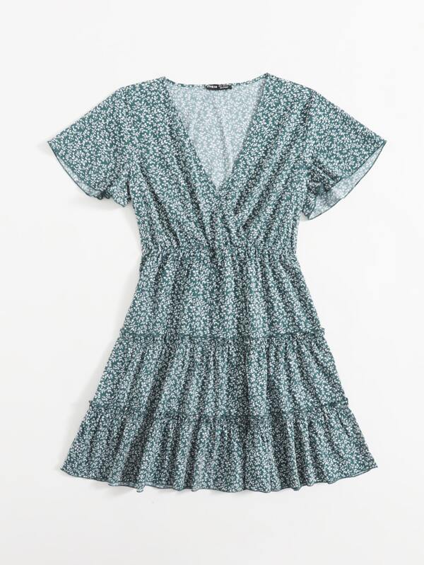 Surplice Neck Frill Trim Ditsy Floral Dress