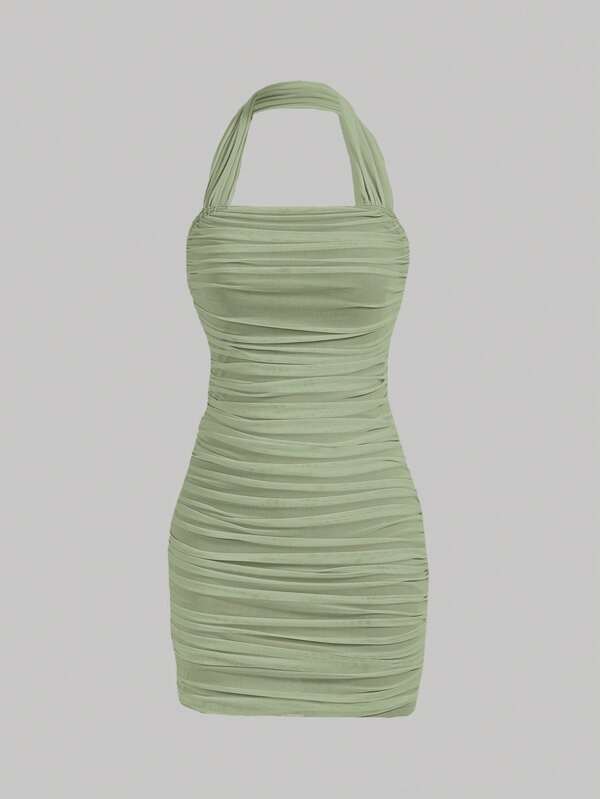 MOD Solid Ruched Halter Bodycon Dress
