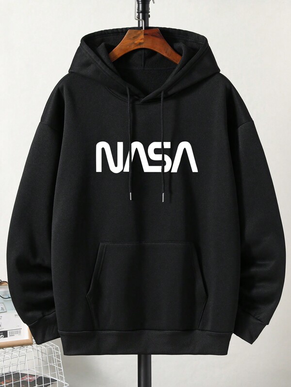 Men Plus Letter Graphic Kangaroo Pocket Drawstring Thermal Lined Hoodie