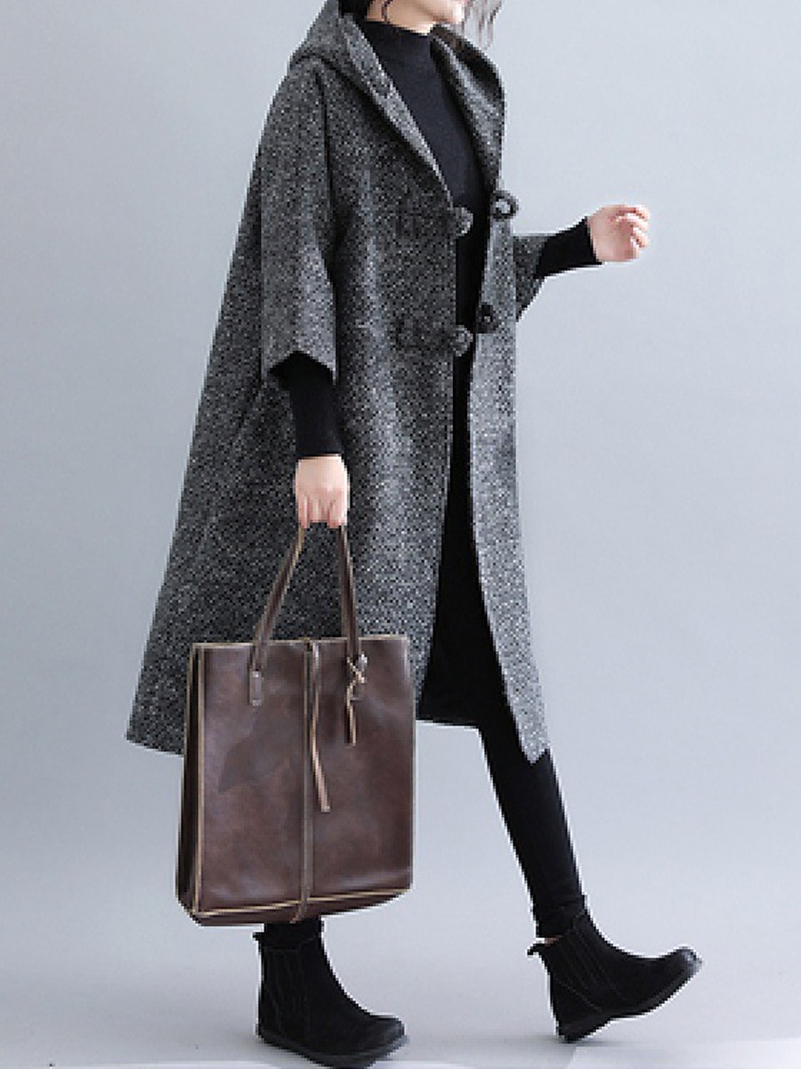 Women's Wool Blend Coat Winter Long Overcoat Single Breasted Pea Coat with Hood Fall Windproof Warm Trench Coat Jacket with Pockets Oversized Fashion Daily Casual Street Outerwear Long Sleeve