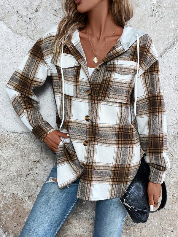 Plaid Print Drop Shoulder Drawstring Hooded Coat