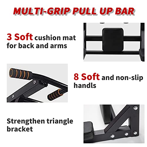 ptlsy Wall Mounted Pull Up Bar Multifunctional Chin Up Bar Dip Station for Home Gym Indoor Workout Dip Stand Supports to 440 Lbs Fitness Equipment 