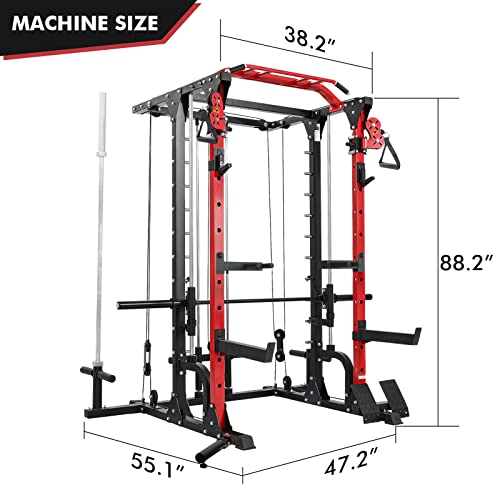 2022 New Version ER KANG Smith Machine Cage Home Gym Equipment 2000LB Smith Rack with Cable Crossover＆LAT Pull Down System 