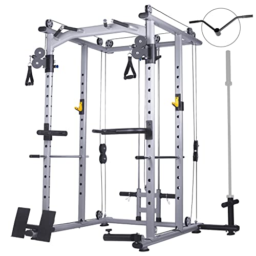 Weight Cage Squat Rack with Weight Bar Dip Bars Multi-Functional Power Cage with LAT Pulldown System Mikolo Smith Machine T-Bar and Other Attachements 2022 Version Landmine 