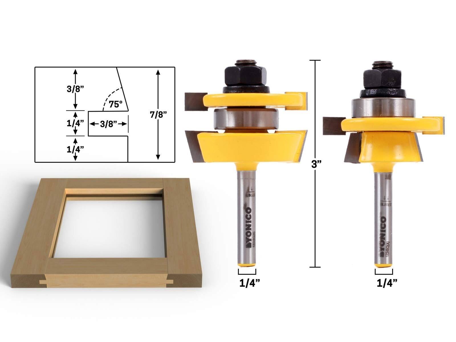 Yonico 12249q Shaker 2 Bit Rail and Stile Router Bit Set 1/4