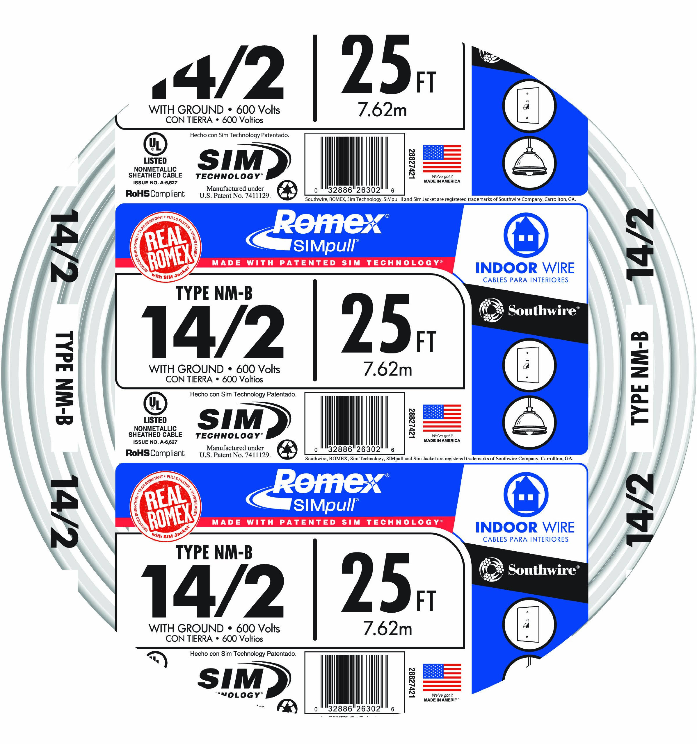 Southwire 28827421 25' 14/2 With Ground Romex Brand Simpull Residential ...