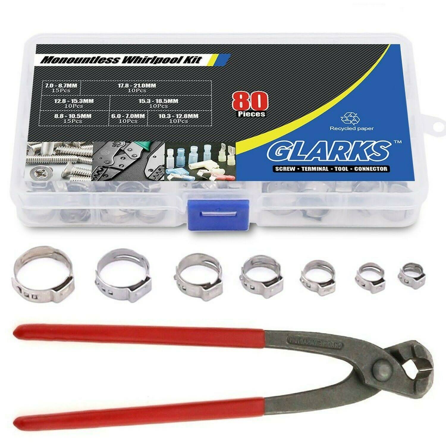 Glarks 80pcs 7 21mm 304 Stainless Steel Single Ear Stepless Hose Clamps With Pincers Kit Wgl 2 S 9085