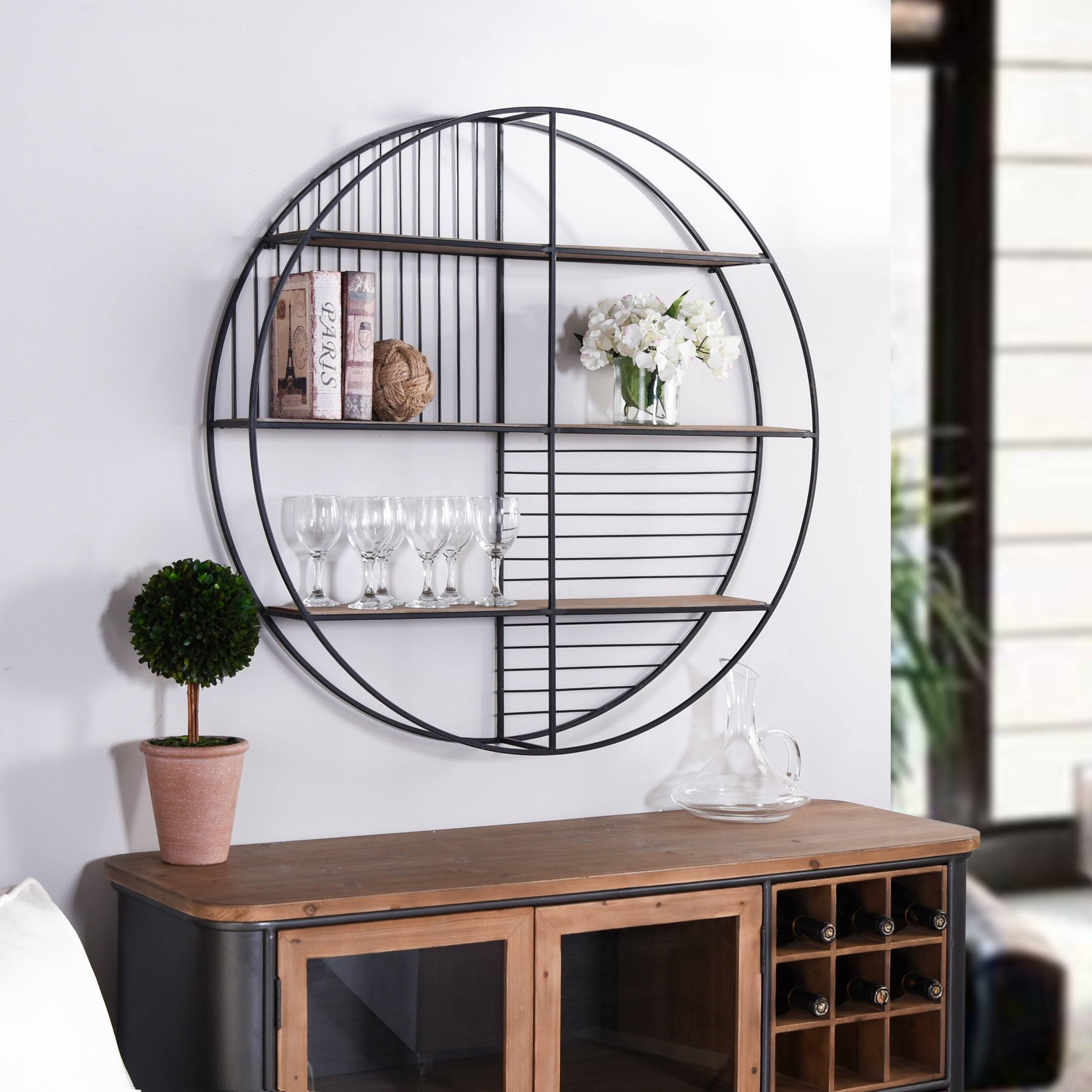 Carbon Loft Wilcoxon Metal Circular Open Wall Shelf Unit with Wood