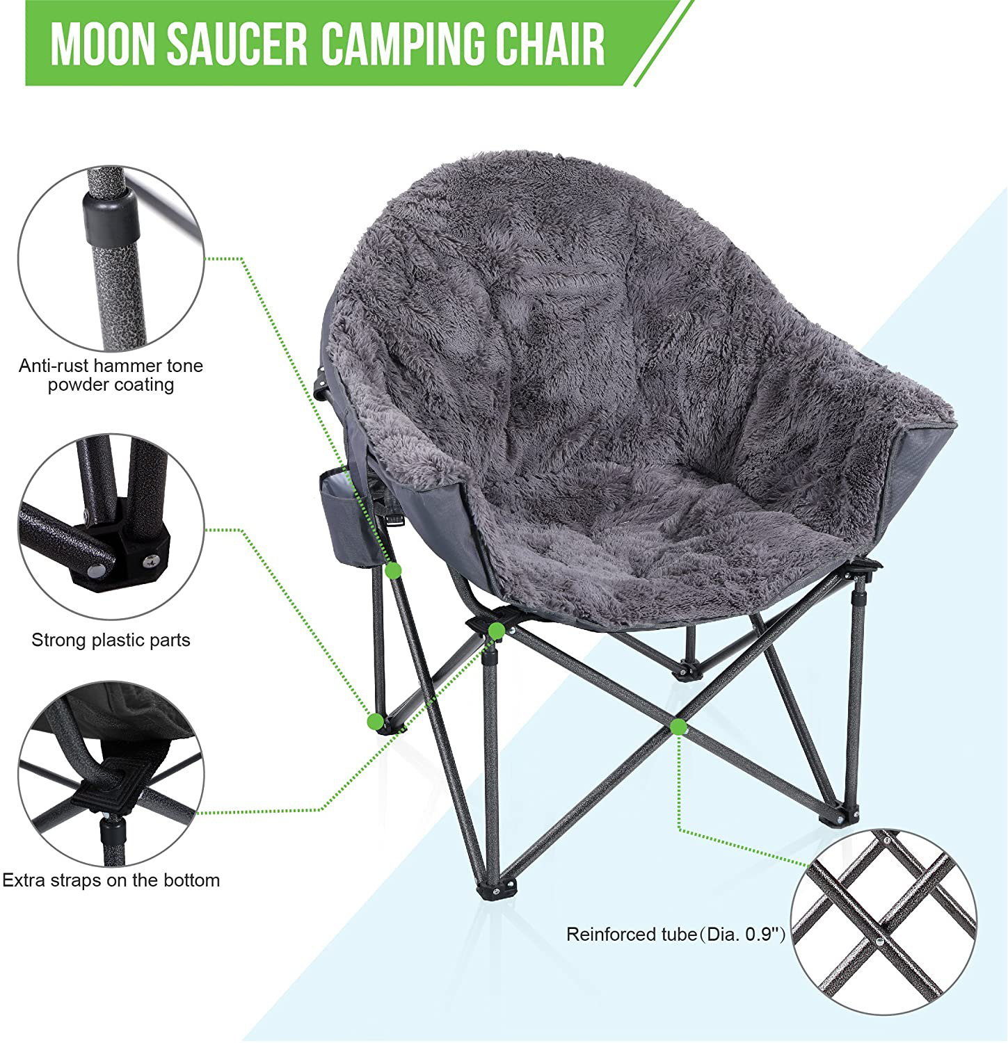 ALPHA CAMP Grey Portable Folding Plush Dorm Moon Saucer Chairs with Carry Bag... 