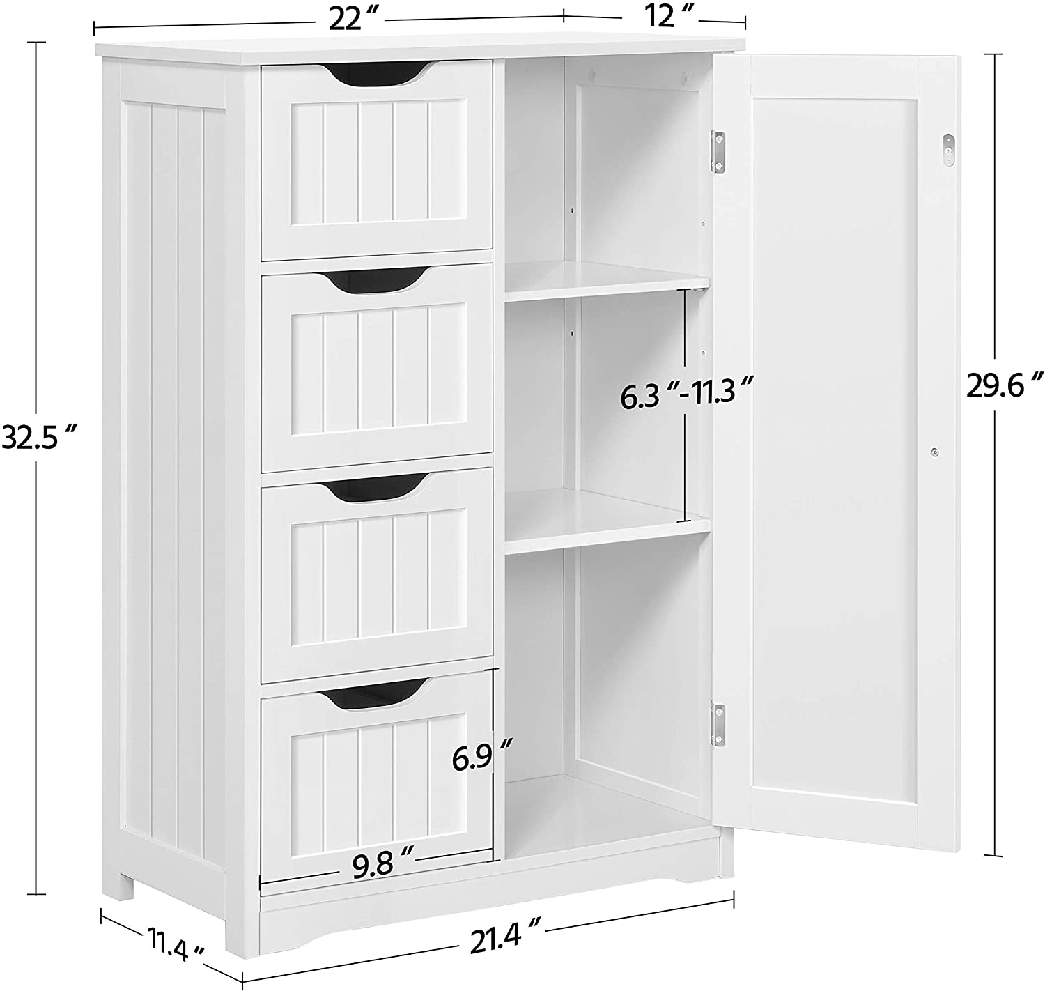 Yaheetech Wooden Bathroom Floor Cabinet, Side Storage Organizer Cabinet ...