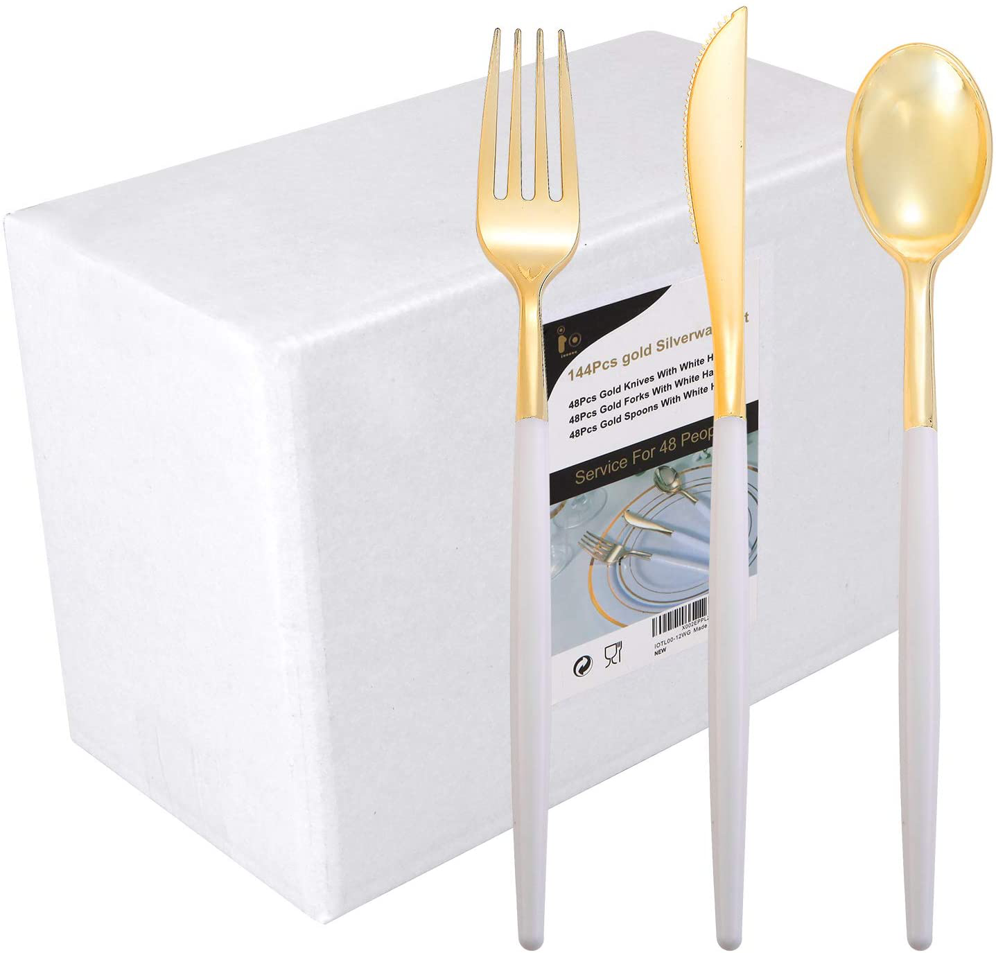I00000 144 PCS Disposable Gold Silverware, Plastic Flatware with White