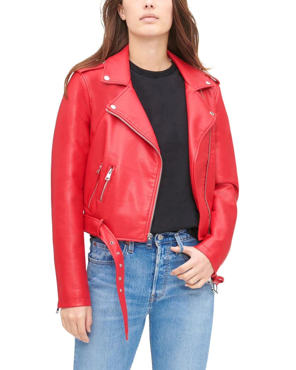 🔥SHORT RED BIKER LEATHER JACKET FOR WOMEN - CT-1-S