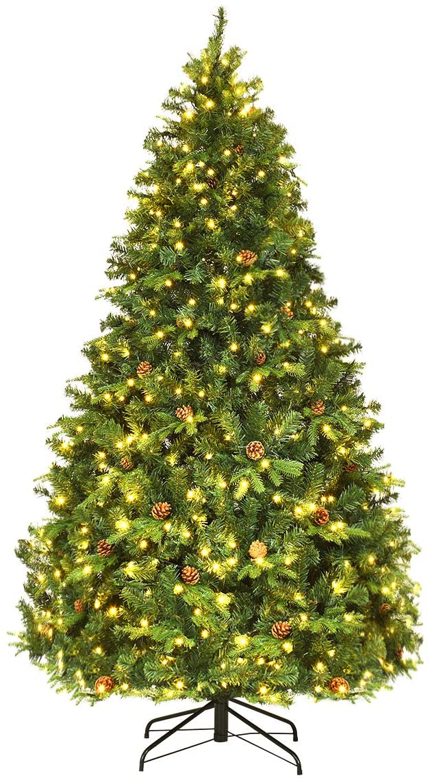 7Ft Pre-Lit Artificial Christmas Tree Hinged w/460 LED Lights And Pine Cones 