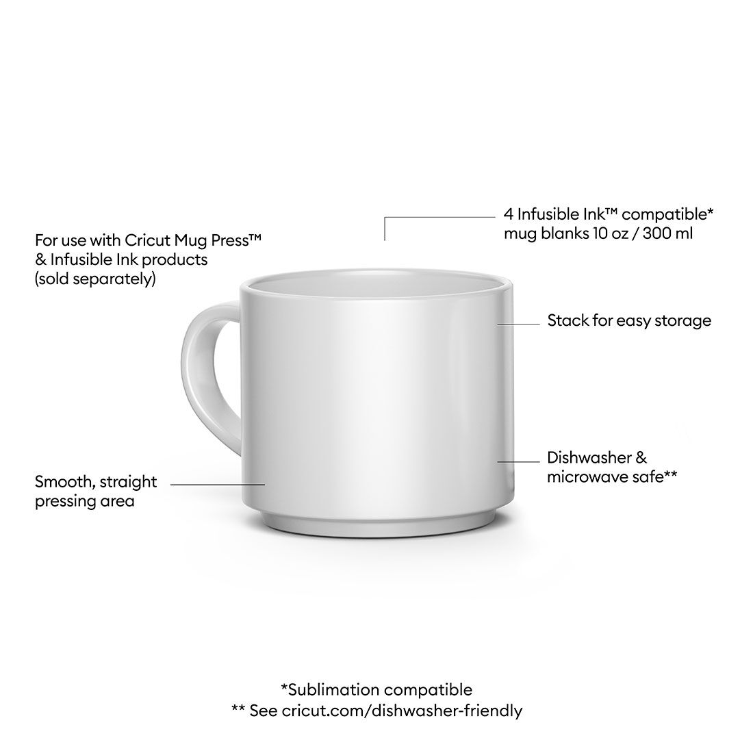 Stackable Ceramic Mug Blank, White - 10 oz/300 ml (4 ct)