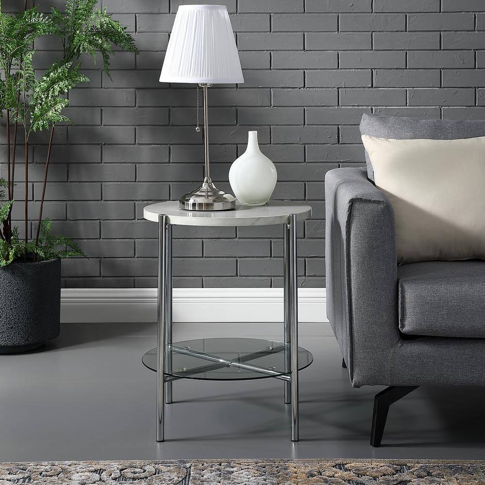Walker Edison Furniture Company 20 in. White Marble Top Glass Shelf Chrome Legs Round Side Table