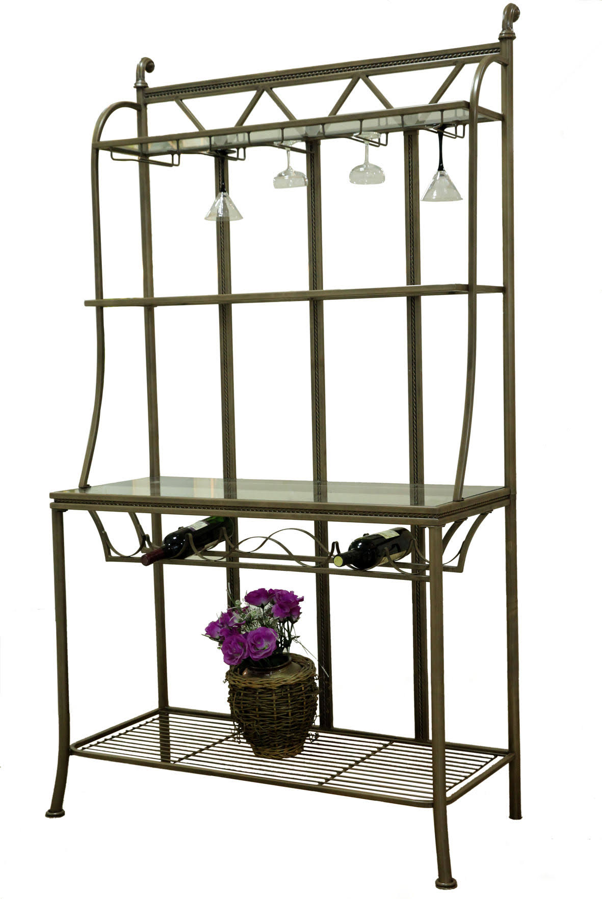 Chintaly Hand Painted Bronze Bakers Rack with Tempered Glass Shelves