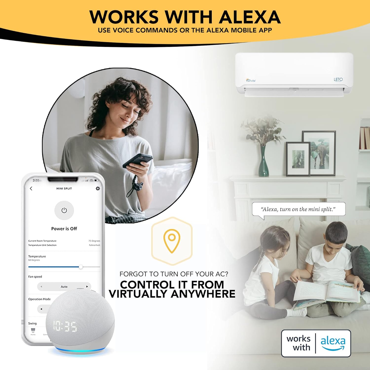 2025 Senville LETO Series Mini Split Air Conditioner Heat Pump, 24000 BTU 208/230V, Inverter, Works with Alexa, SEER2 18, 2 Ton, White