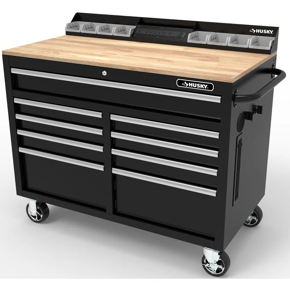2025—46 in. W x 24.5 in. D 9-Drawer Gloss Black Deep Tool Chest Mobile Workbench with Hardwood Top and Power Station