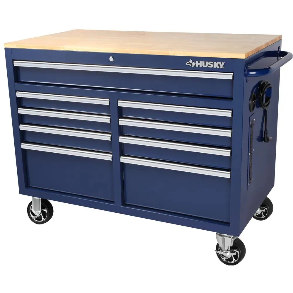 2025—46 in. W x 24.5 in. D 9-Drawer Gloss Black Deep Tool Chest Mobile Workbench with Hardwood Top and Power Station