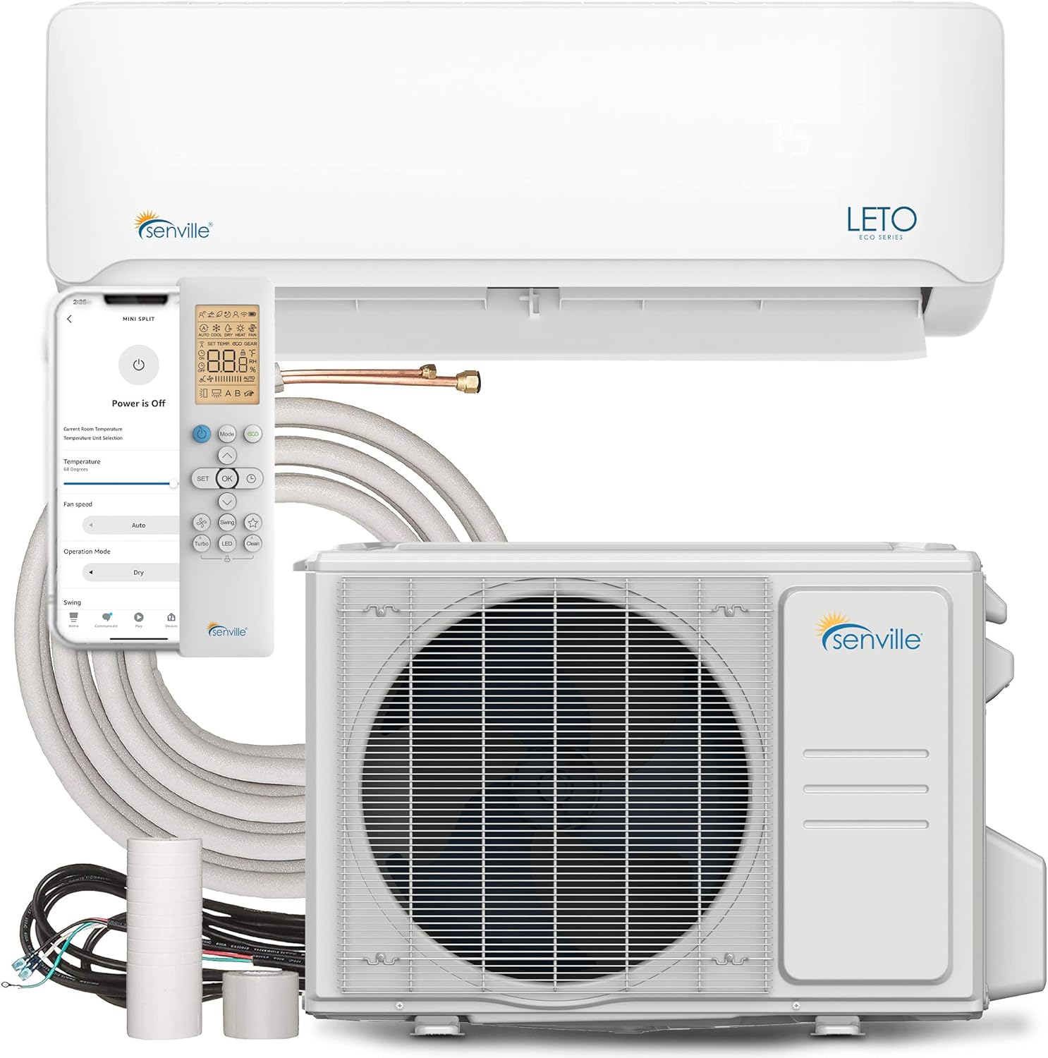 2025 Senville LETO Series Mini Split Air Conditioner Heat Pump, 24000 BTU 208/230V, Inverter, Works with Alexa, SEER2 18, 2 Ton, White