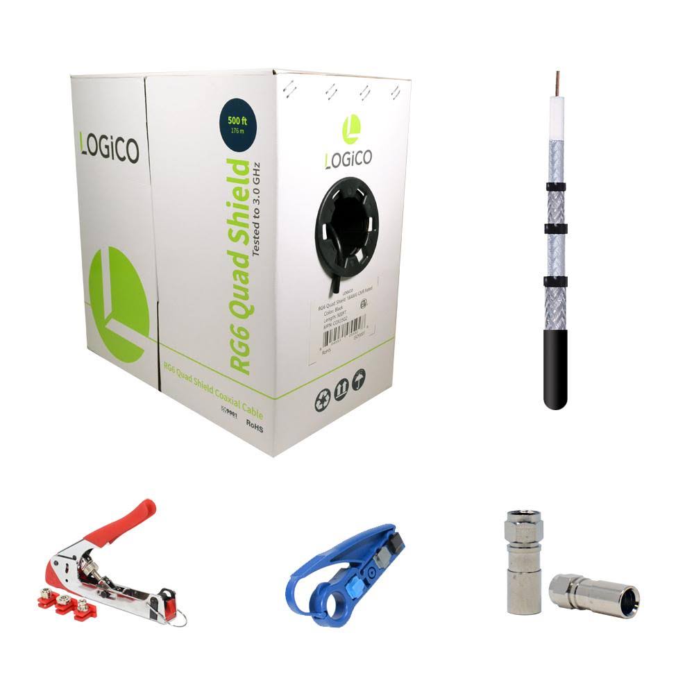 RG6 Quad Shield Coaxial Cable 500ft Black + Strip Tool + Compression