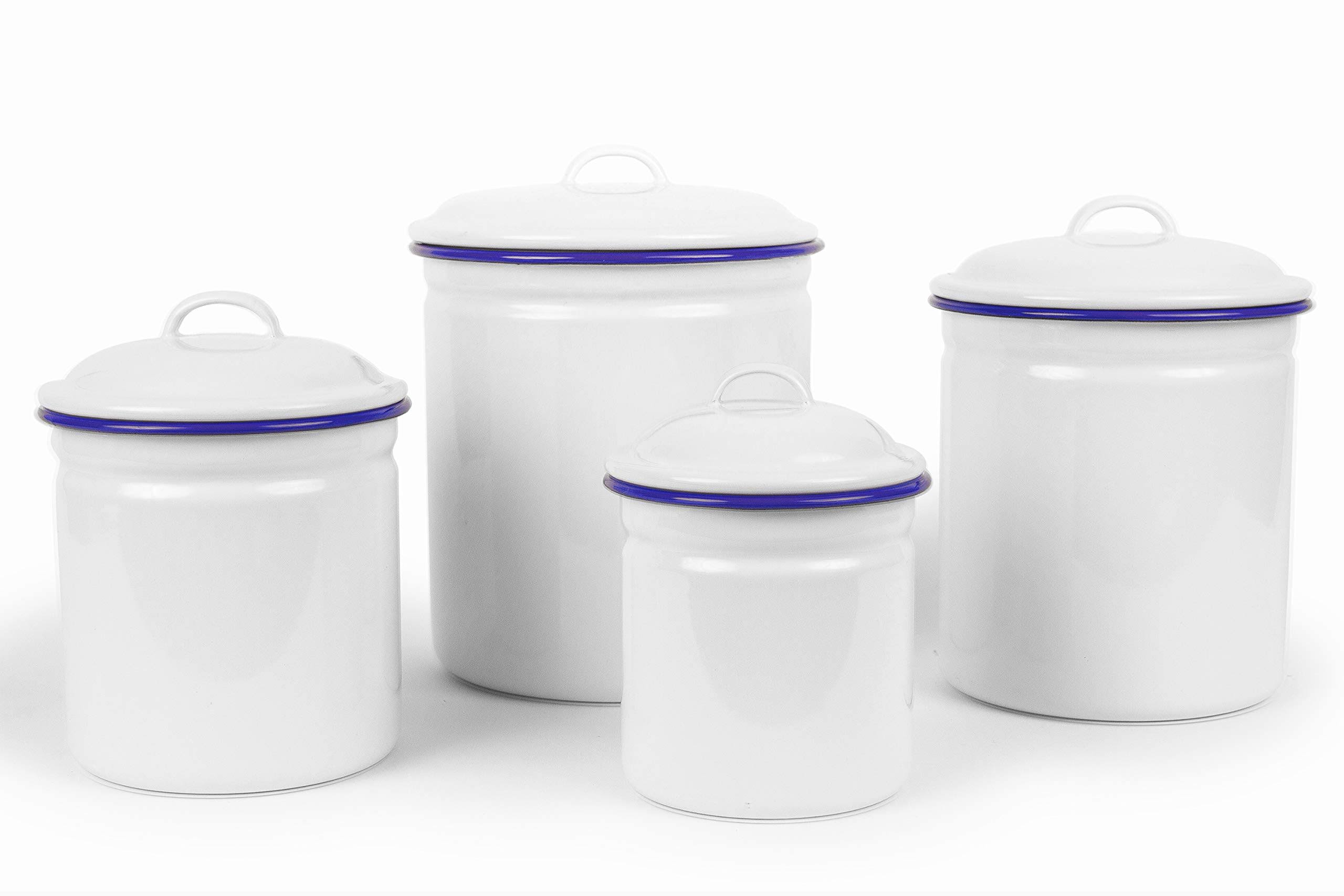 Crow Canyon Home Enamelware Canister Set, 4 Piece, Vintage White/Blue