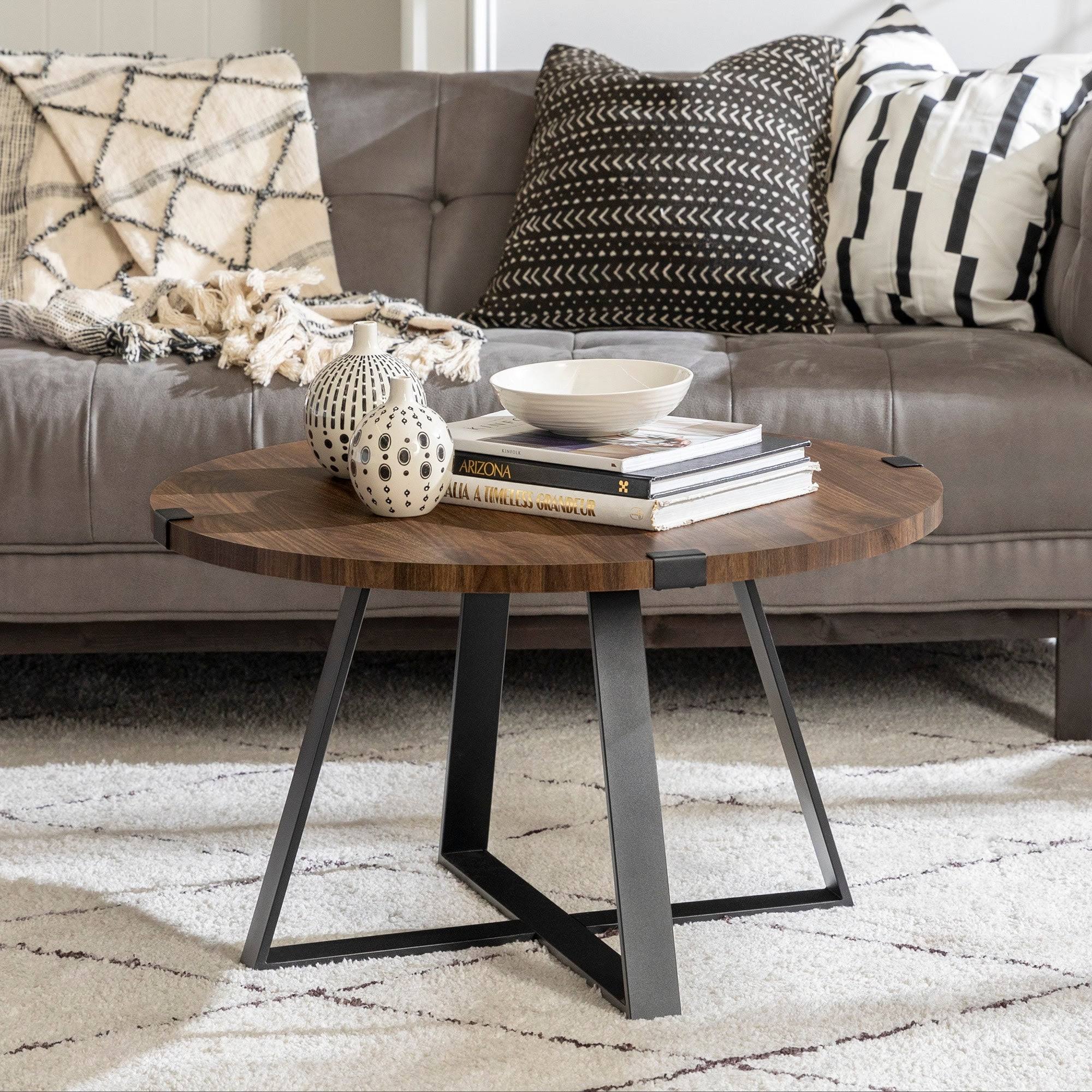 Carbon Loft Round Metal Wrap Coffee Table Dark Walnut WXF02