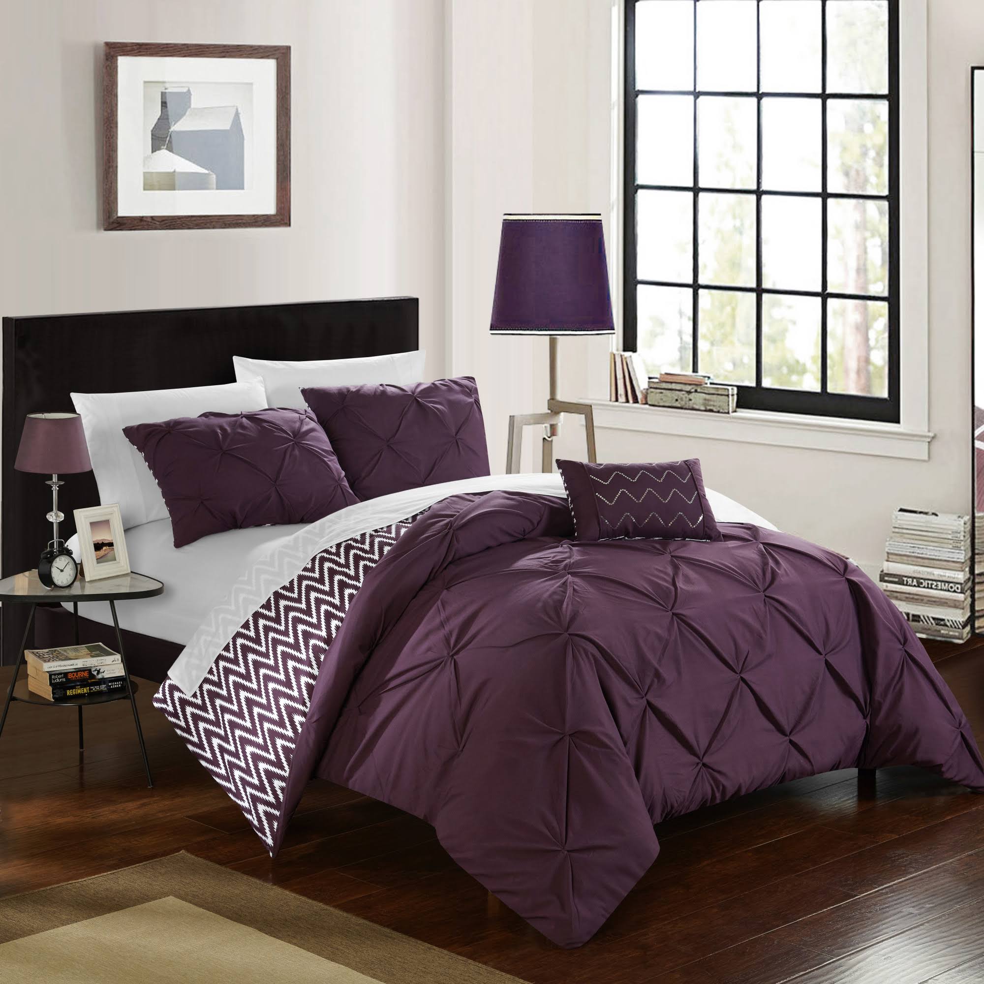 Chic Home 4Piece Erin Reversible Comforter Set Full/Queen, Purple WXF02