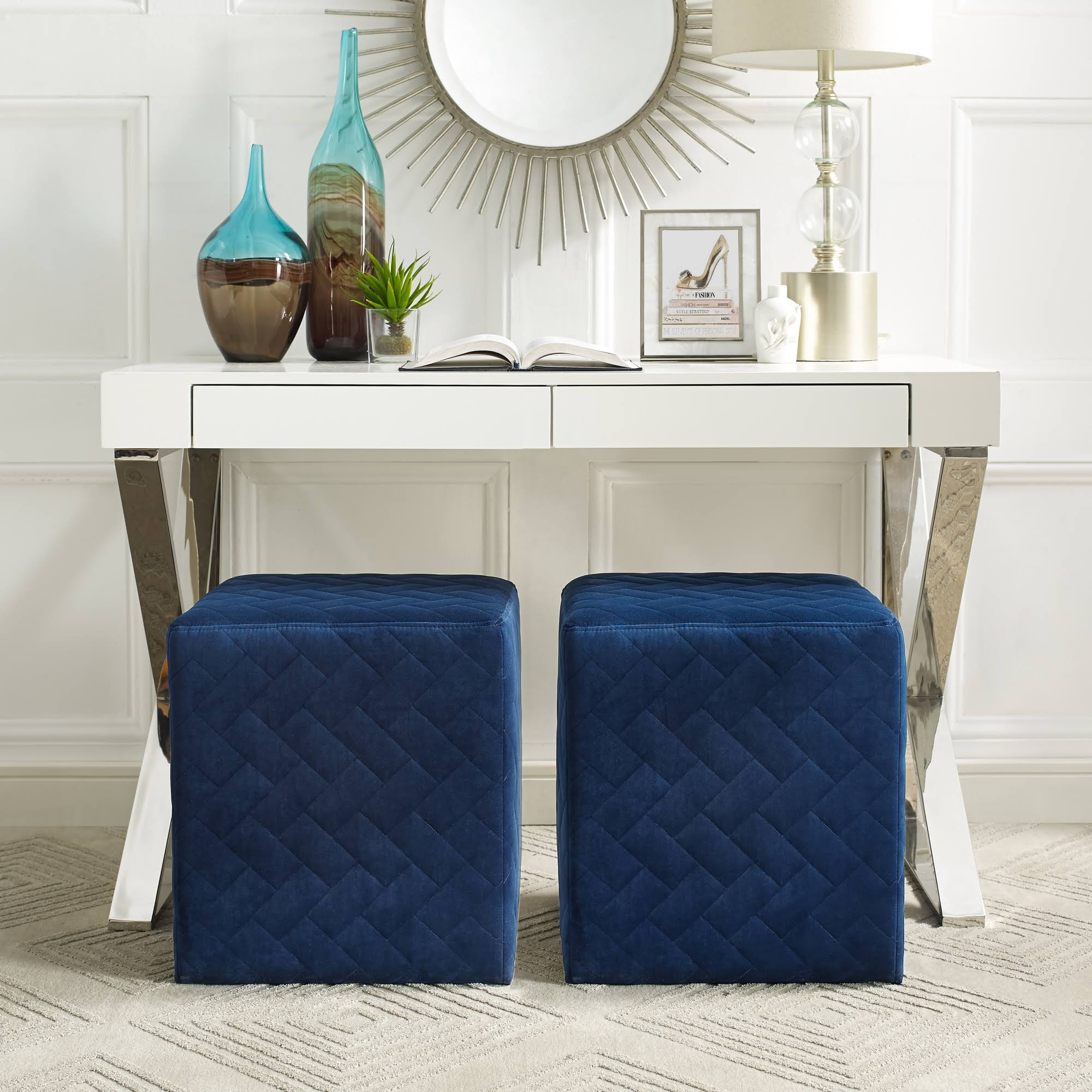 Inspired Home Alexis Quilted Velvet Cube Ottoman Navy WXF02
