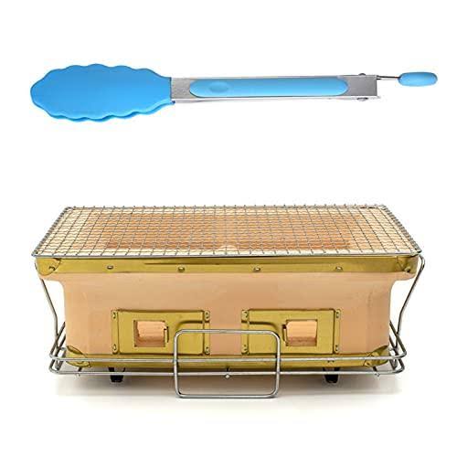Portable Japanese Yakitori Barbecue Charcoal Grill with Dual Handle, Rectangular Ceramic Clay