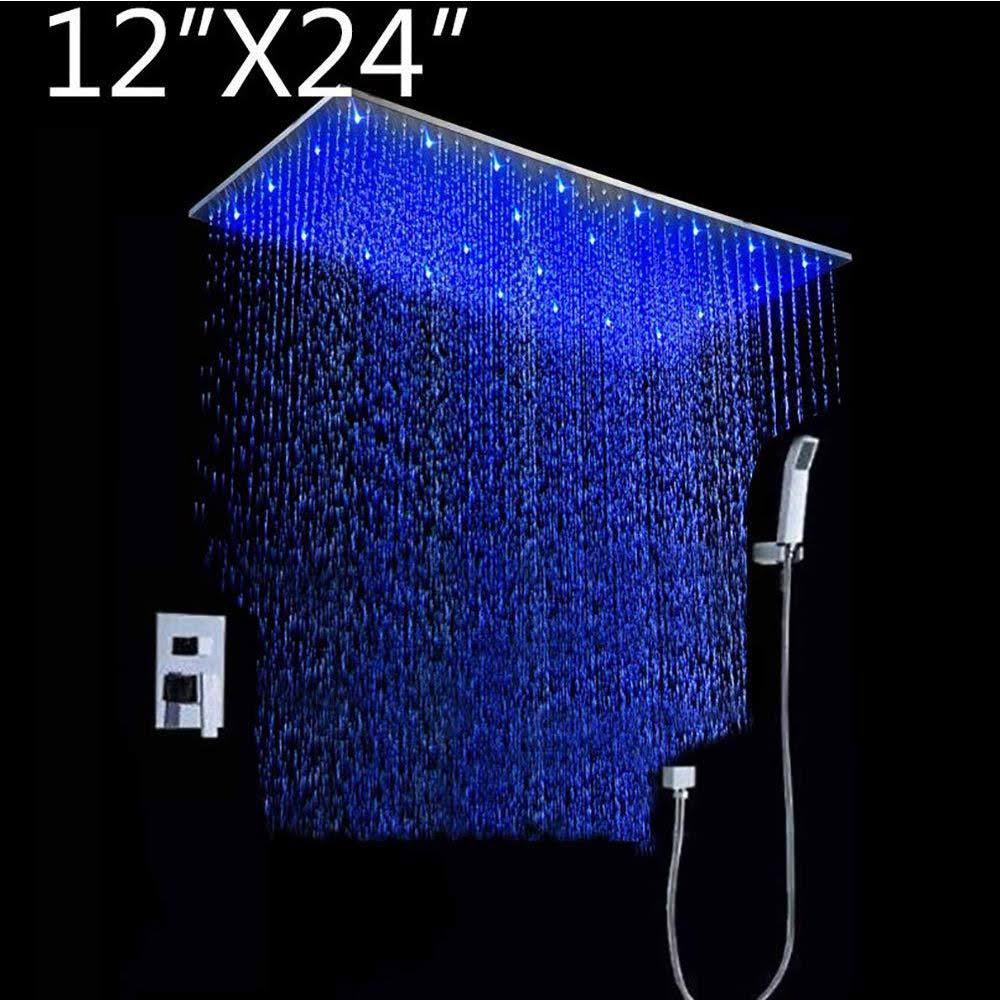 12x22x24x22 Rainfall LED Shower Set DoubleFunction Valve, Brass Handheld Shower Brushed