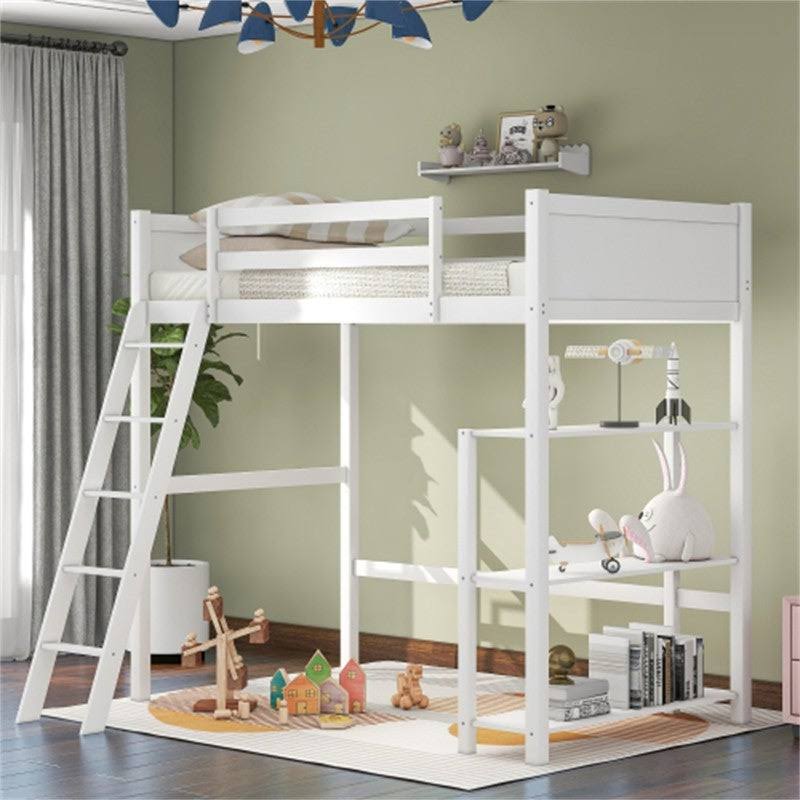 White Twin Size Pine Wood Loft Bed with Ladder,Storage Shelves - WXF-02