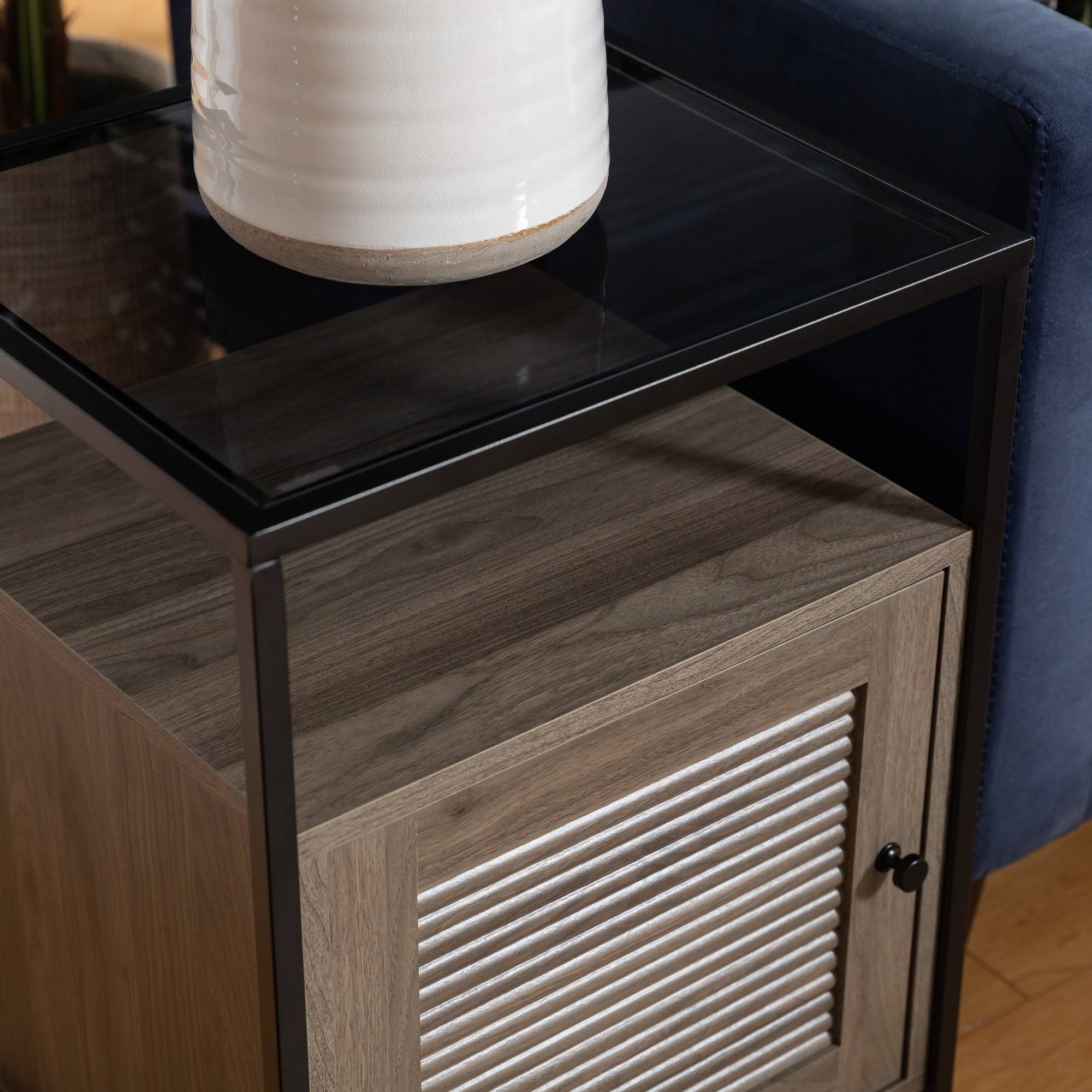 Carbon Loft Glass Top, Fluted Door Nightstand Slate Grey WXF02