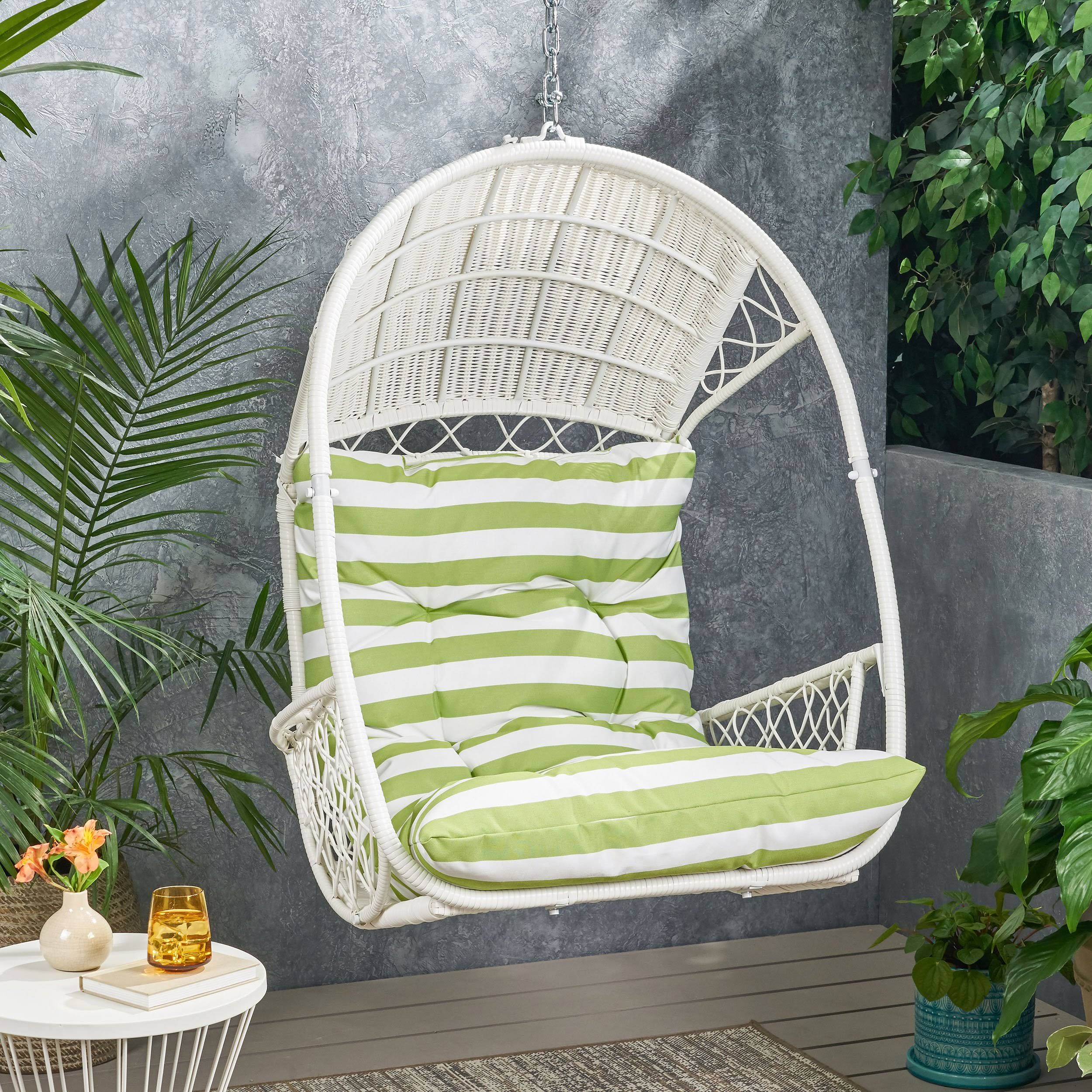 Primo Wicker Hanging Basket Chair (No Stand) White/Green by GDFStudio