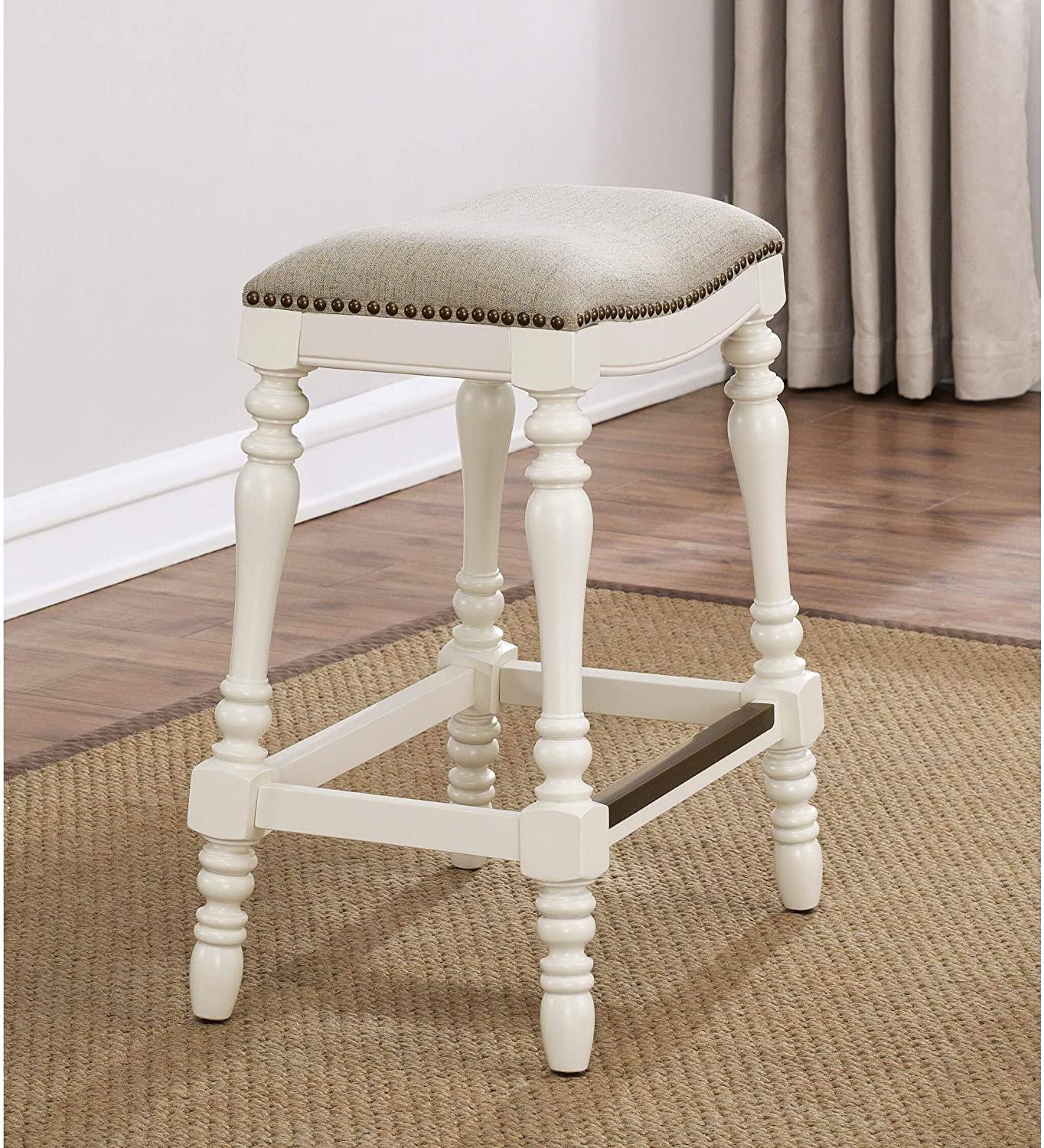 25 inch Saddle Seat Counter Stool by White Casual Fabric Wood Finish